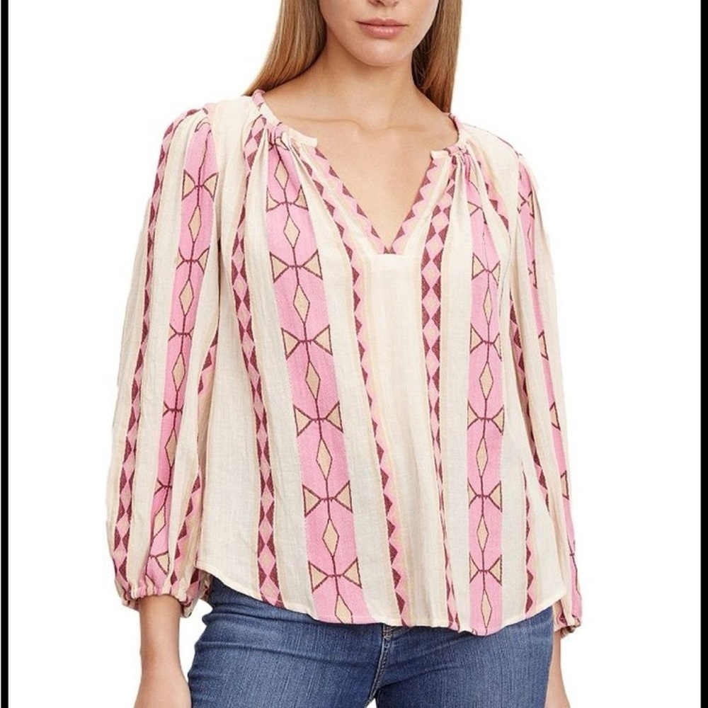 Velvet by Graham and Spencer- Nanni jacquard peasant, top in pink and ivory